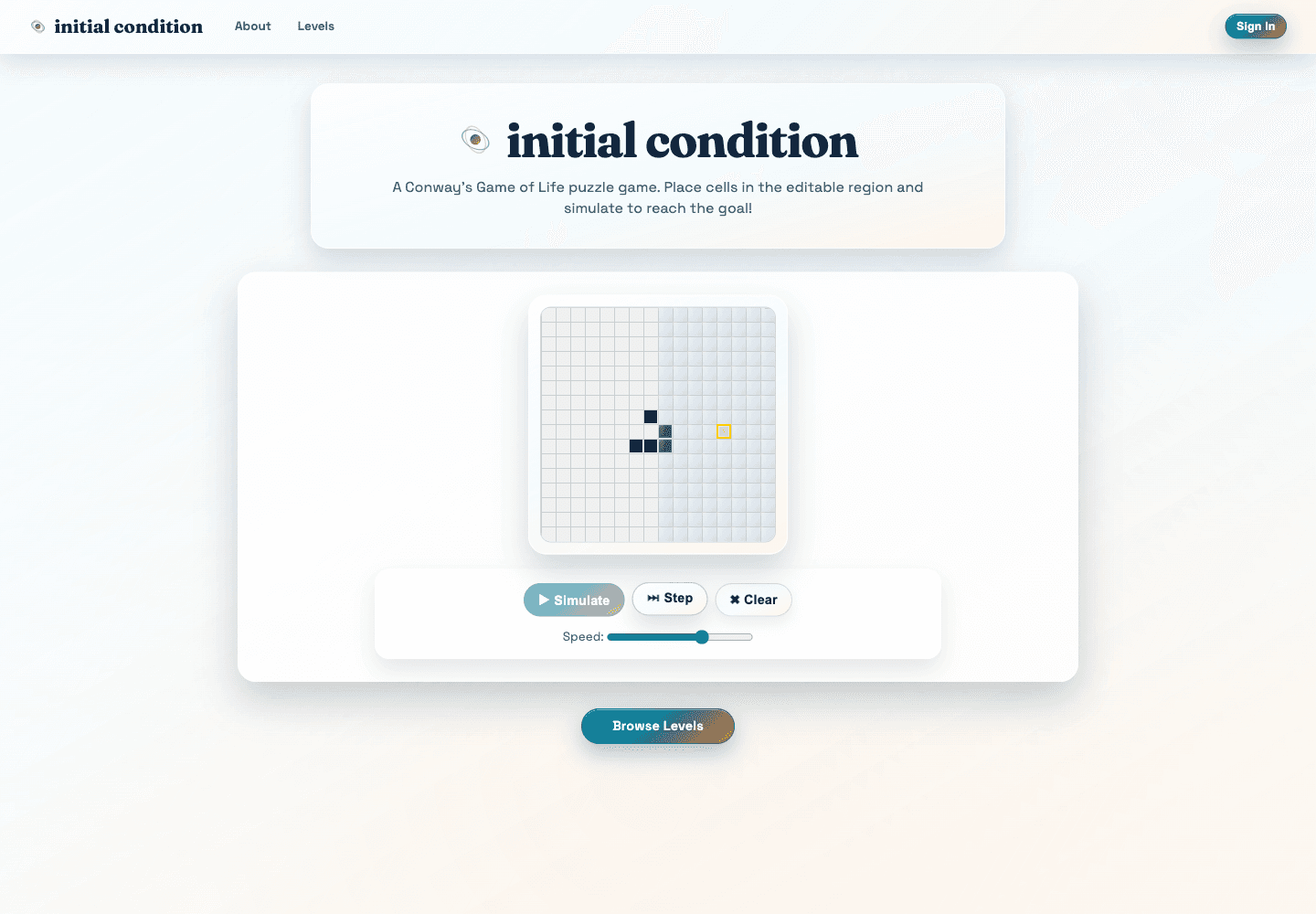 Conway puzzle board with placed cells and a target