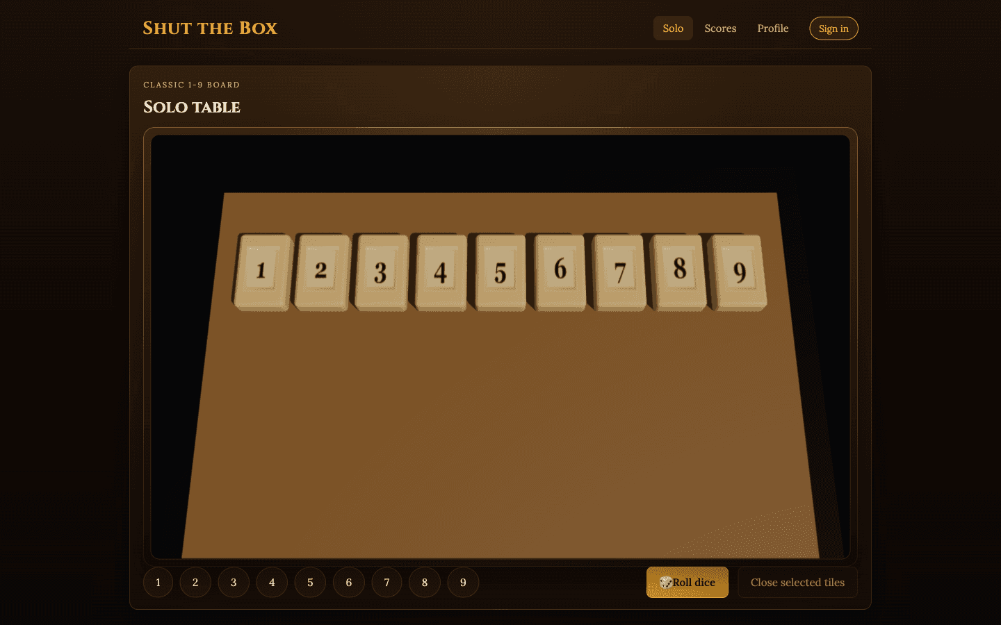 Shut The Box numbered tiles on a wooden table