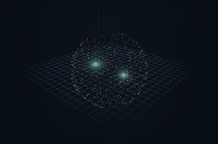A warped teal lattice, two glowing masses, and gold particles in SpaceTime